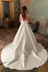 Ivory Satin Spaghetti Straps Simple Wedding Dresses With Court Train